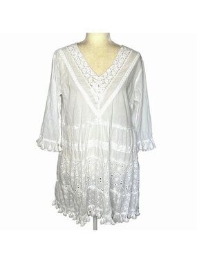 White Eyelet Mini Dress Cotton Boho V Neck Tassel XL Cottagecore